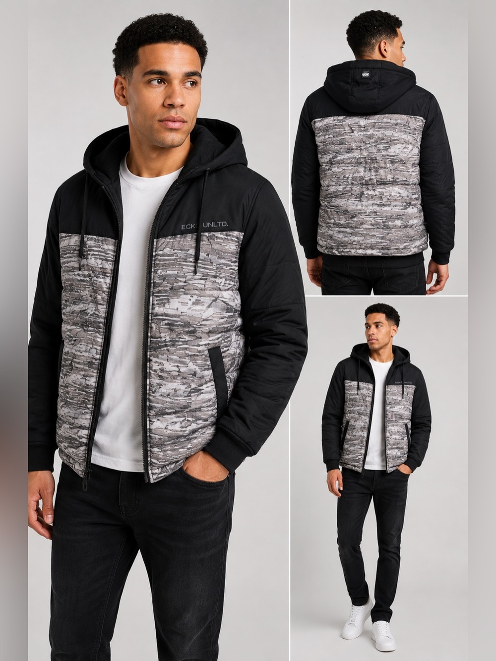 Ecko Unltd Men’s Medium Black Gray Hooded Puffer Jacket Full Zip